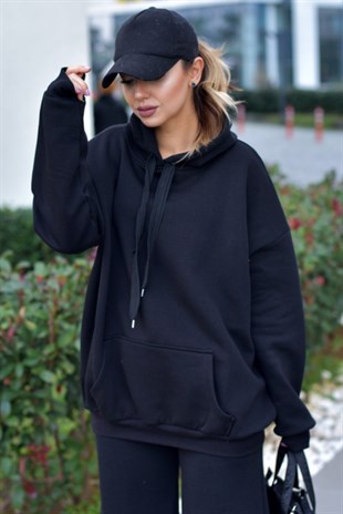 Kapüşonlu Siyah Basic Sweatshirt
