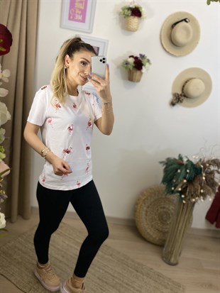 Beyaz Flamingo Detaylı Tshirt
