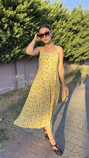 Çiçek Desen Askılı Sarı Elbise 