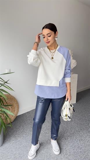 Yan Gömlek Parçalı Beyaz Modal Sweat