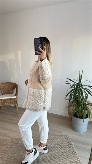 Kapitone Detaylı Bej Polar Mont