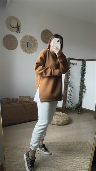 Yanı Fermuar Detaylı Salaş Taba Sweat