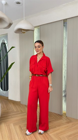 Kırmızı Lucy Kemerli Tensel Tulum(ÖN SİPARİŞ ÜRÜNÜ)