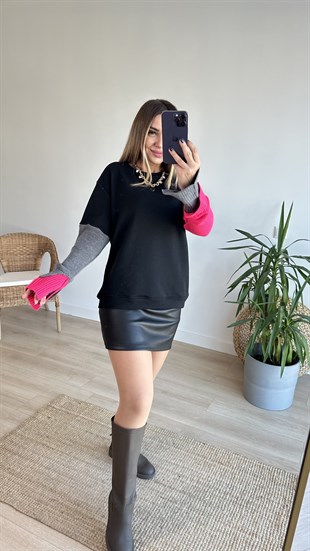 Kolları Triko Detaylı Siyah Sweatshirt