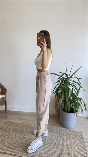 Bej Pileli Şalvar Model Pantolon