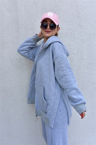 Şardonlu Yırtmaçlı Gri Sweat