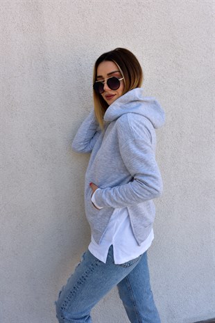 Tshirt Detaylı Şardonlu Gri Sweat	