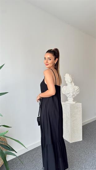 Siyah Askısı Boncuklu Astarlı Elbise 