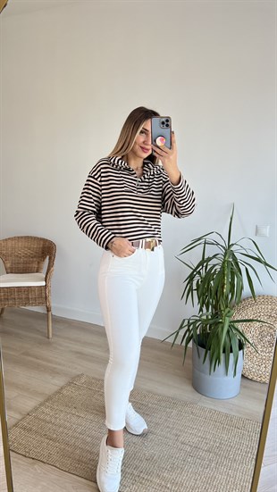 Yarım Fermuarlı Çizgili Triko