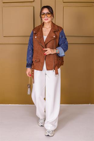 Denim Kol Detaylı Premium Süet Ceket