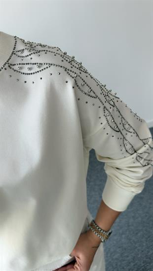 Beyaz Gausi Kollar Taşlı Sweatshirt