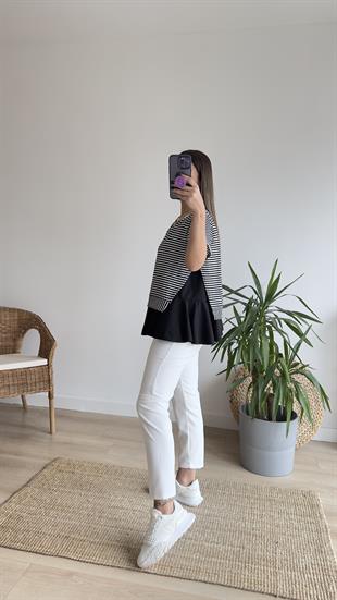 Çizgili Siyah Poplin Detaylı Tshirt