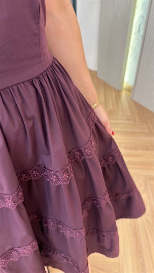 Bordo Forte Dantel Garnili Askılı Elbise 