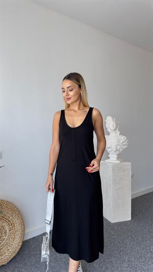 Leva Ön Arka V Siyah Modal Elbise 