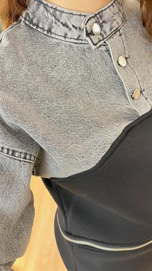 Gri Kot Garnili Fermuarlı Sweat