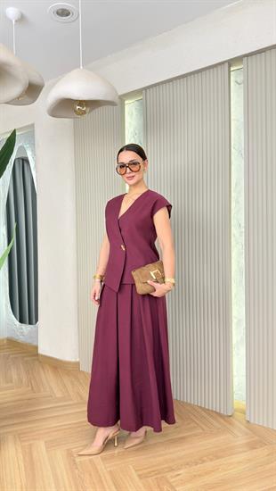 Bordo Lashes Yelek Etekli Takım