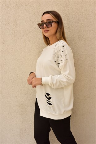 Kesik Detaylı Beyaz Taşlı Sweat