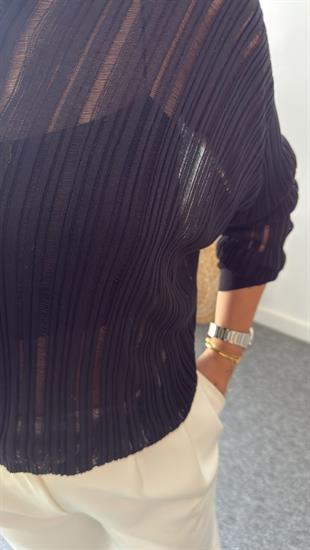 Siyah V Yaka Asimetrik Transparan Triko Kazak