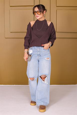 Kahve İçi Atletli V Yaka Triko Takım