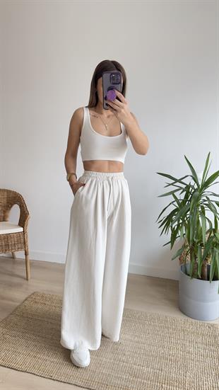 Keten Beli Lastikli Bej Pantolon
