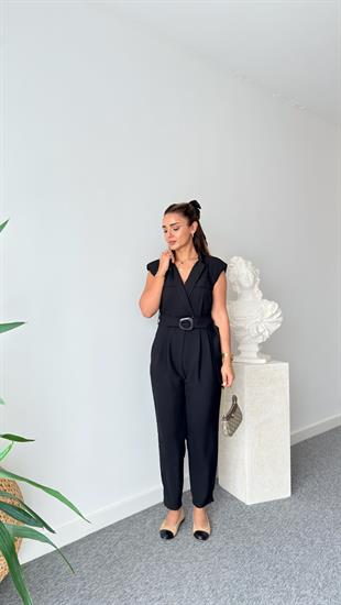 Siyah Volze Kemerli Kruvaze Tulum