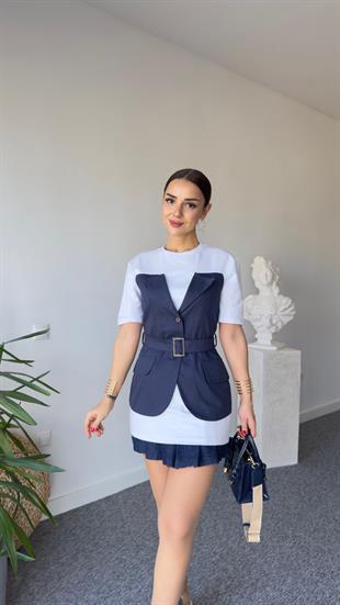 Gabardin Yelek Garnili Tasarım Bluz