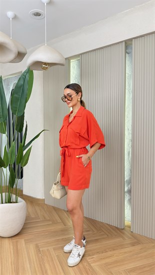 Kırmızı Serlina Tensel Şortlu Tulum