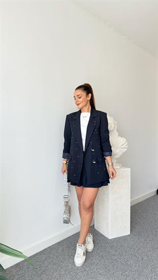 Lacivert Sia Taş Detaylı Blazer Ceket