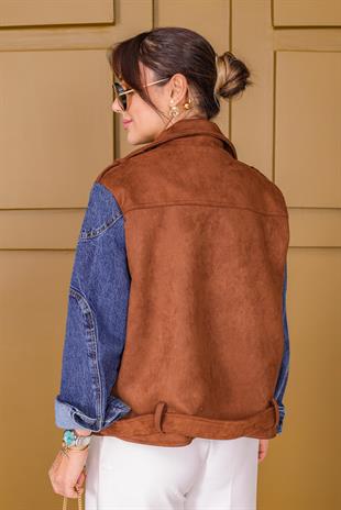 Denim Kol Detaylı Premium Süet Ceket