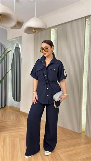 Lacivert Verba Gold Düğme Büzgülü Takım