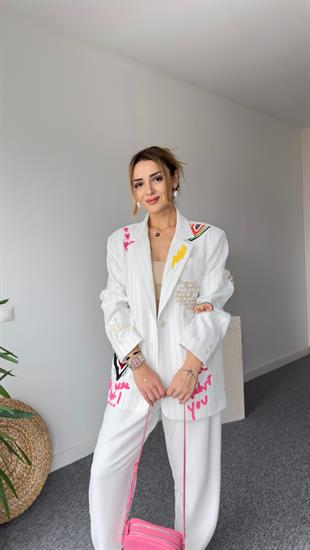 Feat Nakış Detaylı Çizgili Tasarım Blazer Ceket