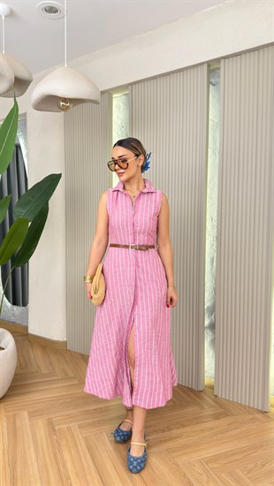 Pembe Sıfır Kol Keten Kemerli Gömlek Elbise 