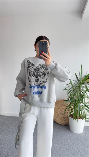 Zımba Baskılı Gri Sweatshirt