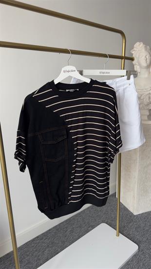 Neda Çizgili Kot Garni Siyah Tshirt