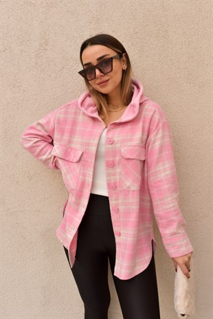 Kapüşonlu Ekose Desen Pembe Ceket 