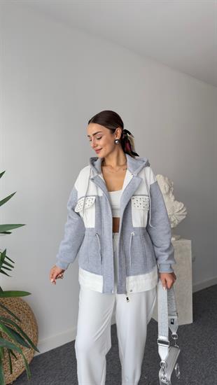 Nickie Marka Model Cepleri Taş Detaylı Gri Ceket
