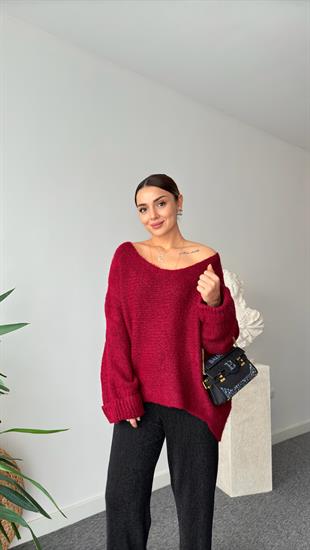 Bordo Kolları Katlamalı V Yaka Kazak