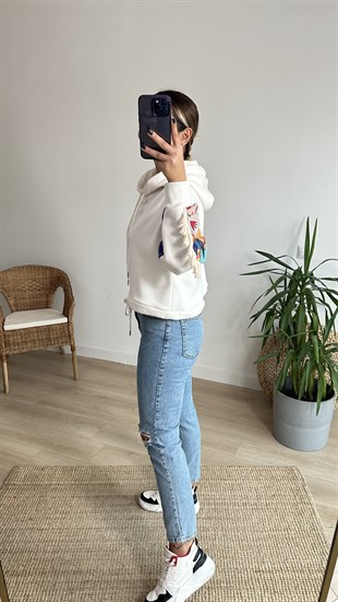 Kolları Baskılı Beyaz Şardonlu Sweat