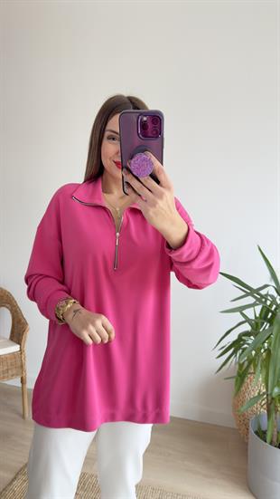 Fuşya Fermuarlı Mevsimlik Modal Sweat