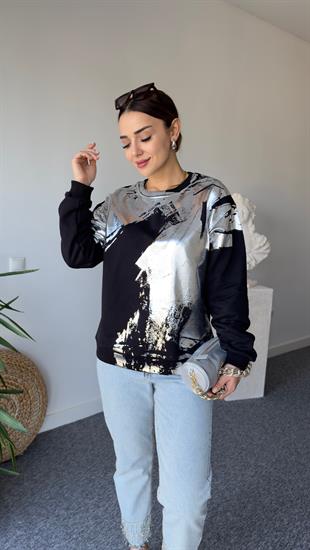 Carry Varaklı Siyah Sweatshirt