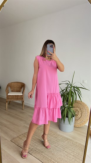 Kolsuz Fırfırlı Pembe Poplin Elbise 