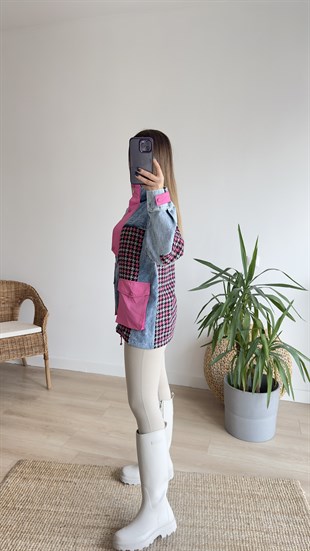 Pembe Kazayağı Desen Tasarım Kot Ceket
