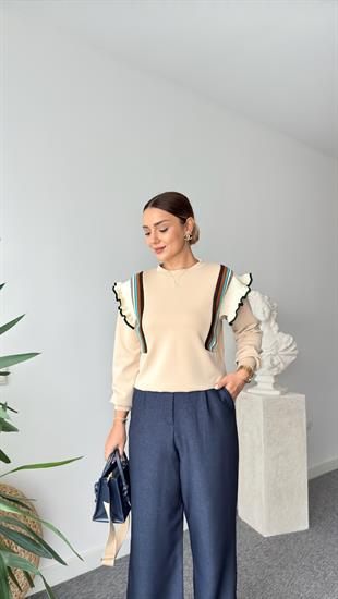 Triko Fırfır Detaylı Bej Modal Sweat