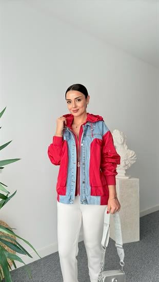 Kırmızı Paraşüt Detaylı Mavi Jean Ceket 