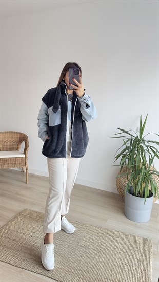 Kolları Kot Detaylı Antrasit Peluş Mont