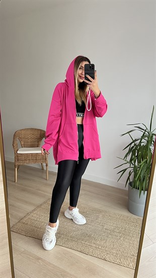 Yanları Yırtmaçlı Oversize Fuşya Sweat