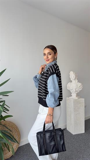 Helina Kot Detaylı Çizgili Siyah Sweatshirt