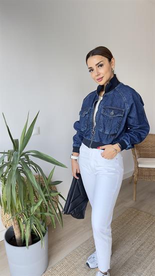 Lastikli Lacivert Bomber Ceket
