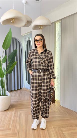 Bej Ekoseli Reyna Kemerli Balon Pantolon 