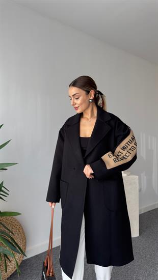 Marike Orj Model Yazı Detaylı Astarlı Siyah Kaban